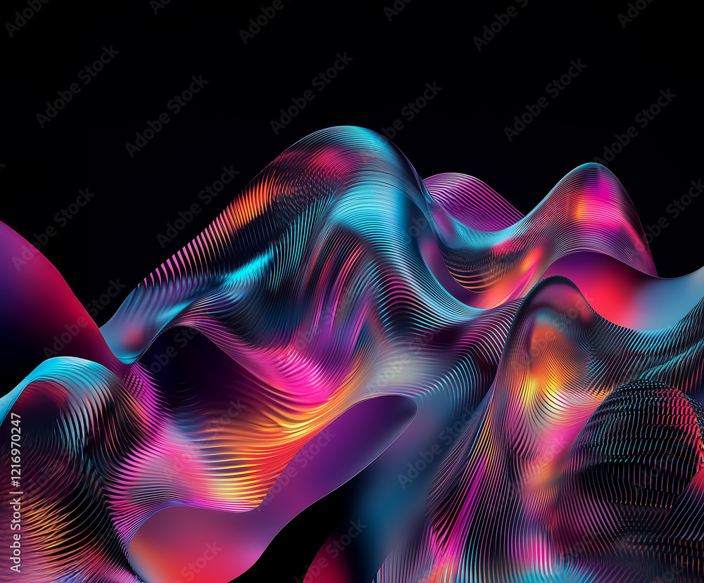 Poster abstract digital art with flowing neon colors and textured patterns, creating a vivid and futuristic
