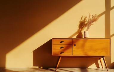 Obraz premium A high-end minimalist interior featuring a light brown wood sideboard with subtle decorative accents, positioned against a dusty rose-colored wall, capturing the warmth of natural lighting