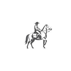 Silhouette of a cowboy riding a horse on a white background