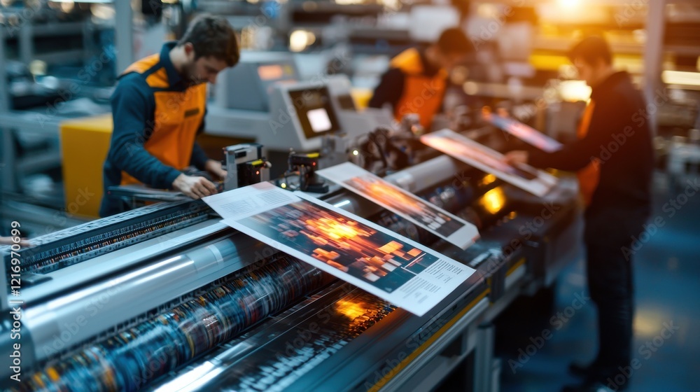 Poster printing press machine operator working in industrial factory workshop