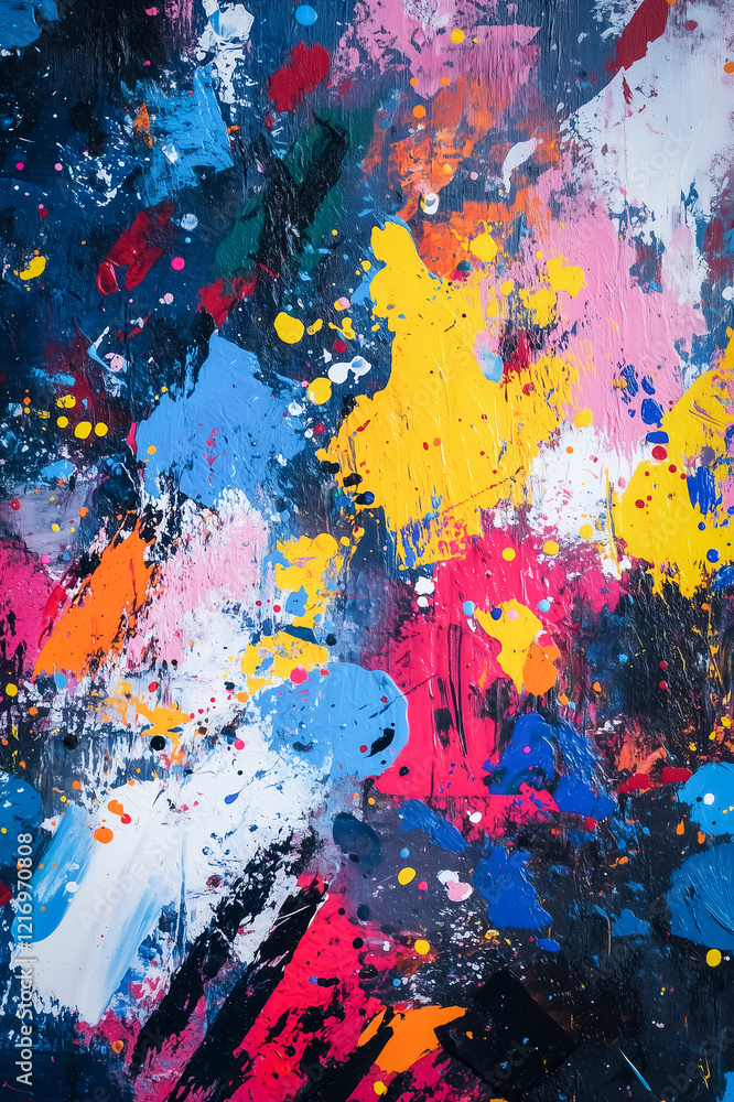 Poster a bold abstract artwork with vivid color splashes on a dark background, showcasing dynamic energy an