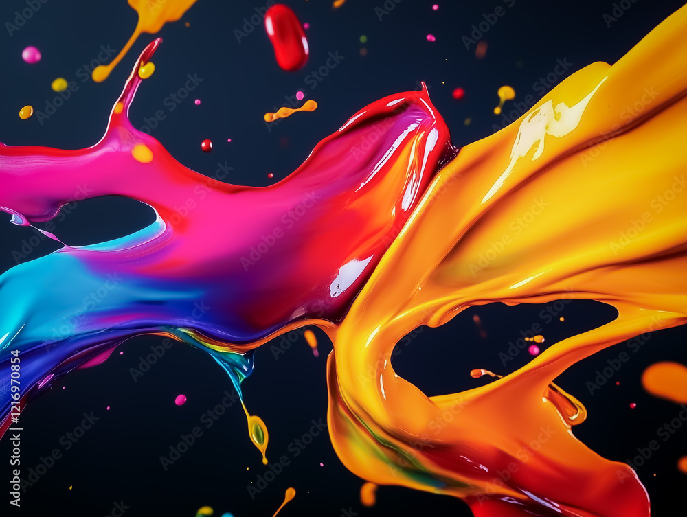 Poster a high-energy abstract composition with vivid splashes of color on a textured surface, designed to c