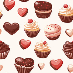 A delightful pattern featuring various cupcakes and heart shapes, showcasing chocolate and pastel colors, perfect for sweet-themed designs.