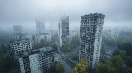 Obraz premium Mystical metropolis, cityscape of towering buildings enveloped in a dense fog, creating mesmerizing urban panorama