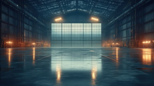 Vast hangar interior with large doors and wet floor, illuminated by warm lighting. Perfect for showcasing vehicles, products, or creating moody industrial scenes.