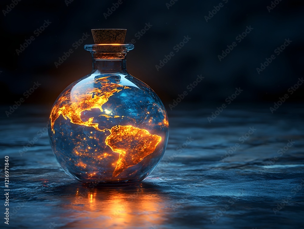 Poster captivating cosmic bottle encapsulating fragile earth orb floating in glowing aura of protection