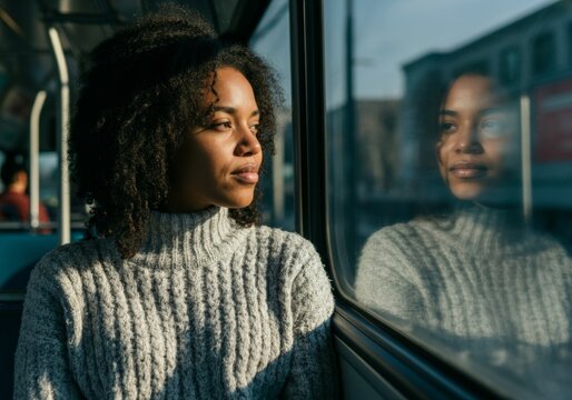 African American woman reflecting on bus ride in warm sweater, sunlit window reflection - Powered by Adobe
