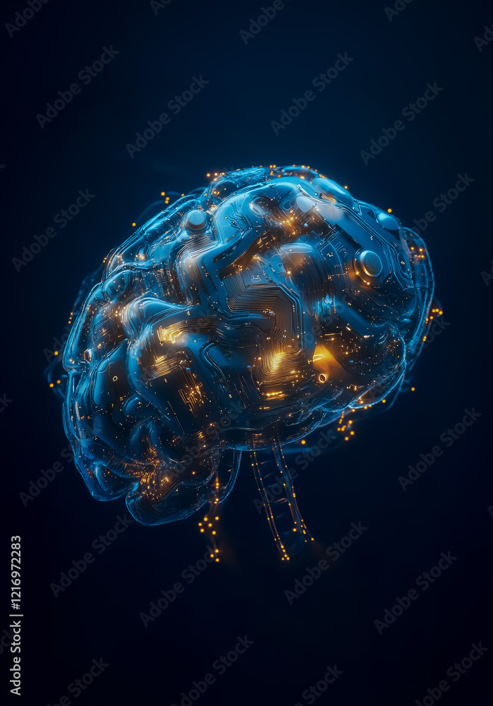 Poster digital representation of a futuristic brain made of glowing microchips, intricate circuits, and ill