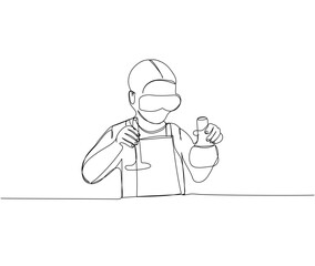 student conducts experiment, mixes reagents, chemistry one line art. Continuous line drawing of online knowledge, learning, education, teaching, solving problems, student life