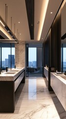 Fototapeta premium Modern marble bathroom interior with sleek sinks and a large window offering a city view. The design features elegant lighting and contemporary decor.