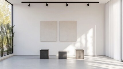 Minimalist gallery interior with two blank canvases and three cube pedestals.