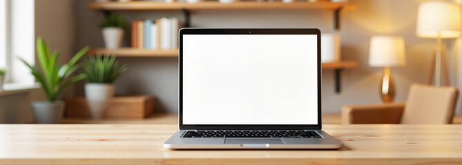 Laptop mockup with transparent screen on wooden desk