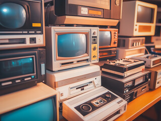 Fototapeta premium An organized display of retro tech gadgets, featuring tape players, monitors, and hi-fi equipment, captured with vintage-inspired lighting and composition.