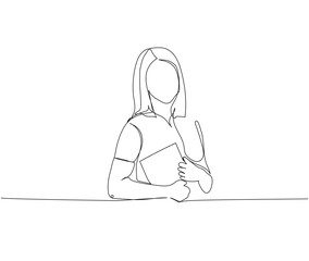 teacher holds textbook, explains material one line art. Continuous line drawing of online knowledge, learning, education, teaching, solving problems, student life