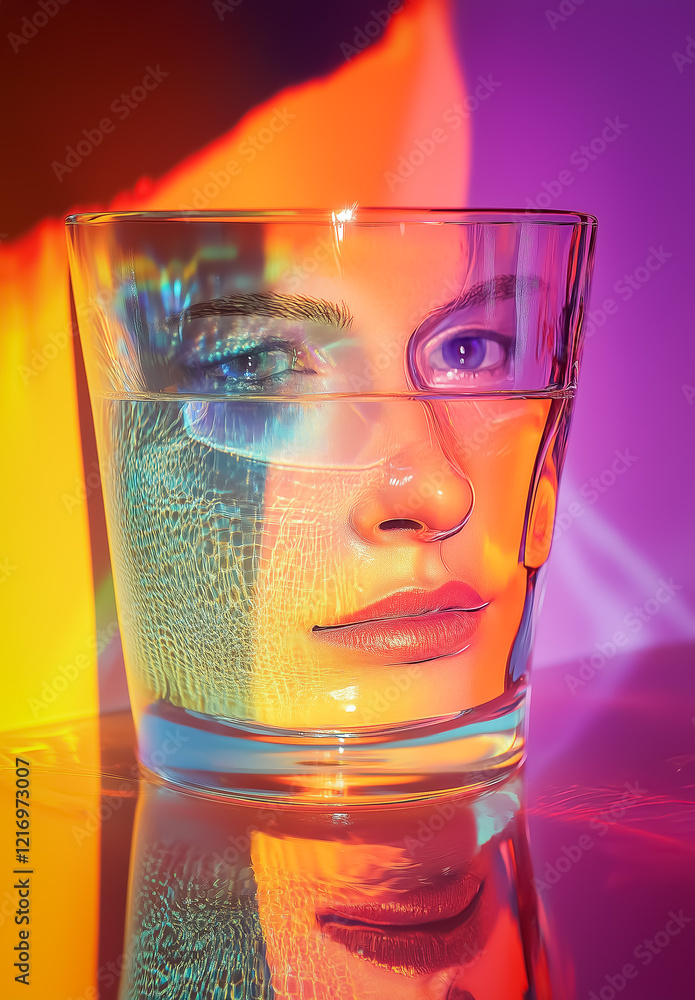 Poster a surreal still life showcasing translucent glass objects illuminated by dynamic lighting, casting i