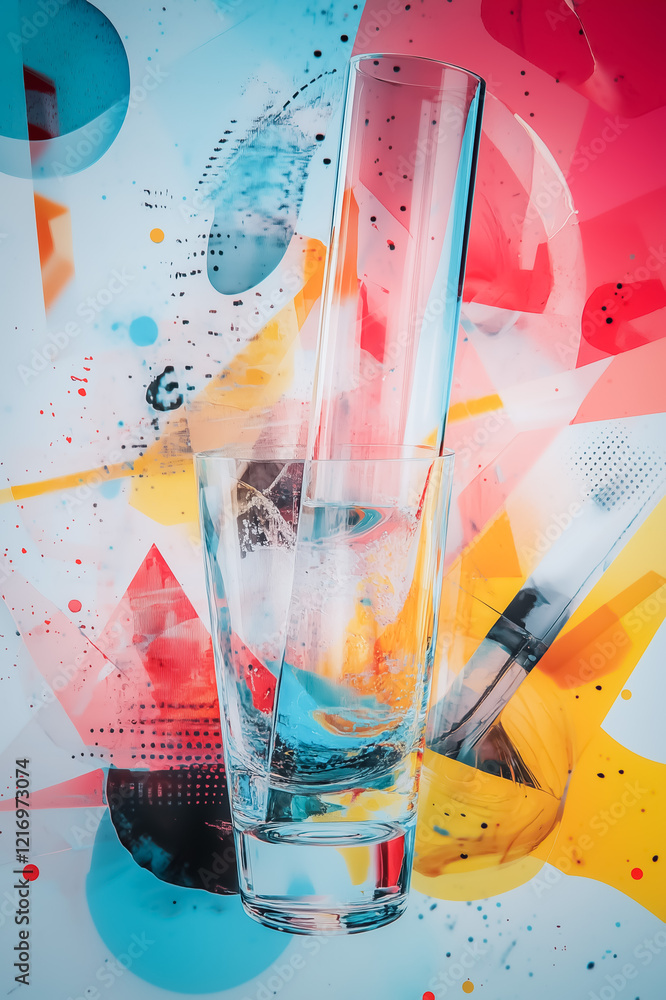 Poster a dynamic composition of glass items with abstract patterns, vivid lighting effects, and bold reflec