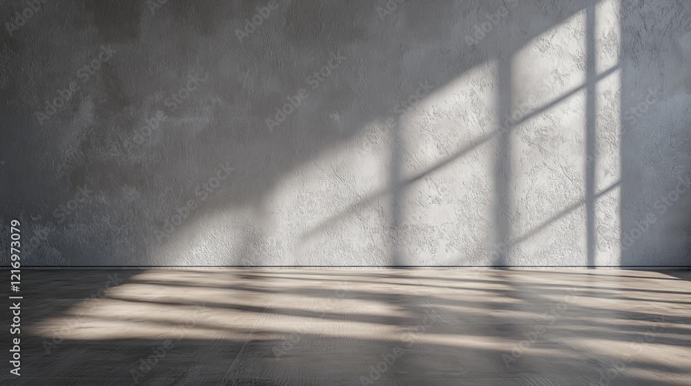 Poster Textured concrete wall with natural light and shadow patterns on wooden floor