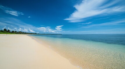 Fototapeta premium Wide angle shot of a calm beach with clear horizon and turquoise water under vibrant blue sky