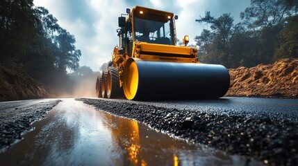 Heavy Machinery in Road Construction Process with Roller Compactor and Dramatic Cloudy Sky Setting for Infrastructure Development Images