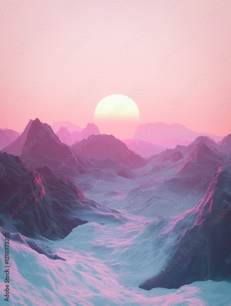 Poster abstract landscape of geometric mountains with sharp edges surrounded by soft mist and pale colors.
