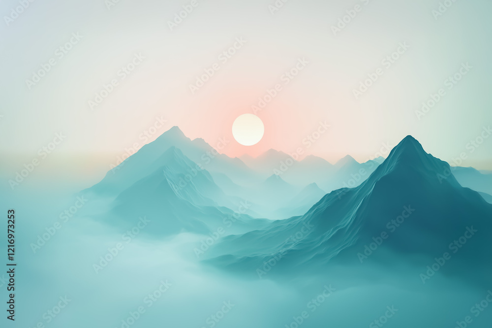 Poster a misty surreal mountain range with angular geometric peaks bathed in gentle sunlight.