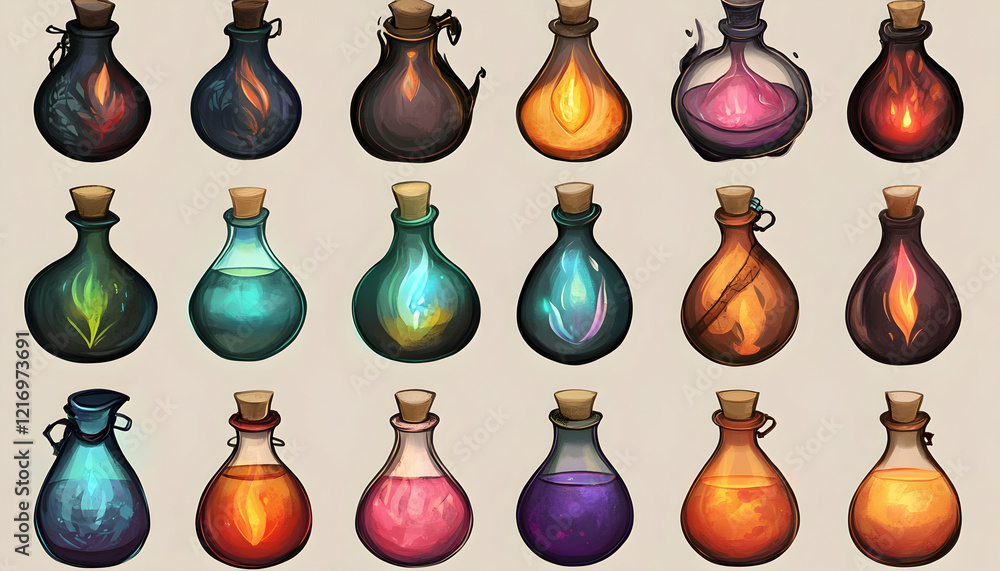 Poster 2d potions set with colorful liquids for use in fantasy or adventure game development -