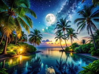 Lush Tropical Night Paradise: Starlit Palms & Ocean Glow