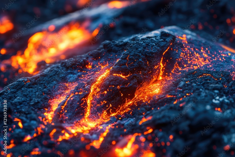 Poster a close-up shot of a rock with molten lava flowing from it, suitable for use in sci-fi or fantasy se