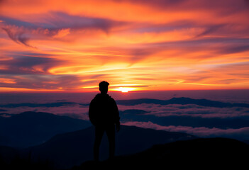 Fototapeta premium Silhouette of person watching sunset, mountaintop view above clouds, vibrant orange and pink sky, dramatic cloudscape, serene landscape, panoramic vista, contemplative mood, nature's beauty, awe-inspi