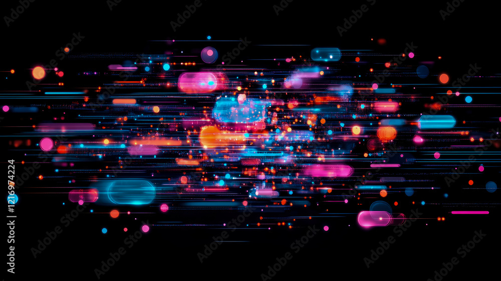 Poster neon lightscape: a dynamic abstract composition of glowing lines and dots