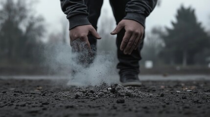 Person crouching down to touch the ground, creating a cloud of dust in a misty outdoor setting