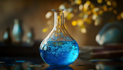 A bubbling glass flask filled with vibrant blue liquid on a reflective surface invites curiosity and a sense of scientific wonder  -