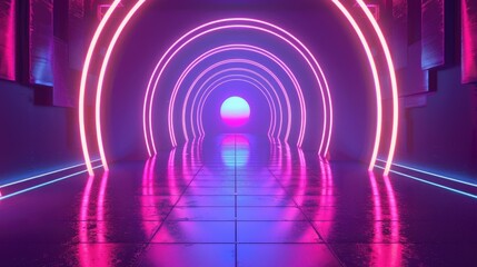 Fototapeta premium A vibrant, neon-lit tunnel with glowing arches leading to a bright circular light.