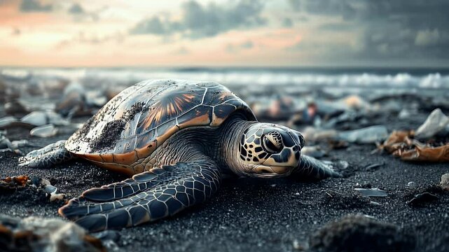 Sea Turtle at Sunset: A sea turtle, its shell gleaming with the colors of the setting sun, rests on a sandy beach,  as the waves lap gently at the shore, creating a serene scene.  ,4k video