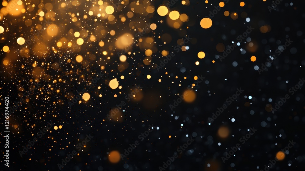 Poster golden bokeh lights on black background. ideal for adding a touch of magic and festive sparkle to yo