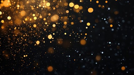 Golden bokeh lights on black background. Ideal for adding a touch of magic and festive sparkle to your designs.
