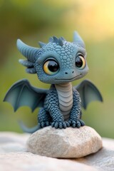 A cute, cartoon-style dragon with wings sits on a stone in a lush green forest setting, showcasing large eyes and a playful demeanor.