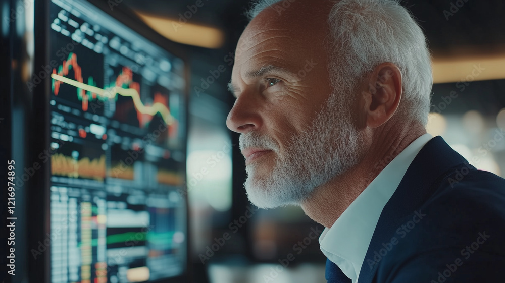 Aufkleber experienced businessman analyzing financial data on computer screen, showcasing graphs and charts. a