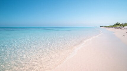 Fototapeta premium Wide angle shot of a calm beach with clear horizon and turquoise water under vibrant blue sky