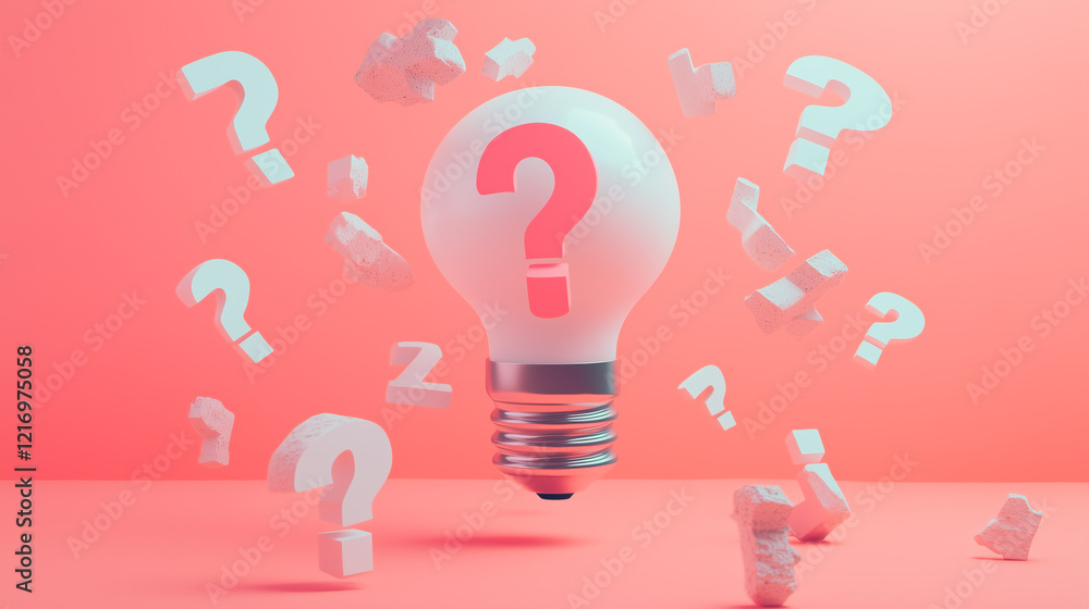 Poster light bulb with geometric question marks encircling it, highlighting innovation and problem-solving,