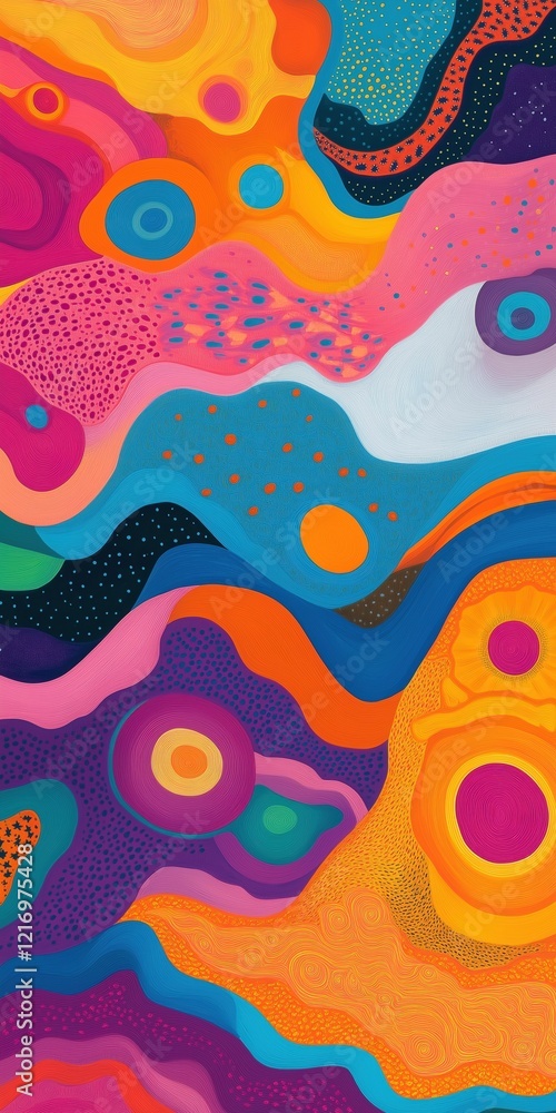 Poster a colorful abstract painting with many different shapes and colors. the painting is full of circles 