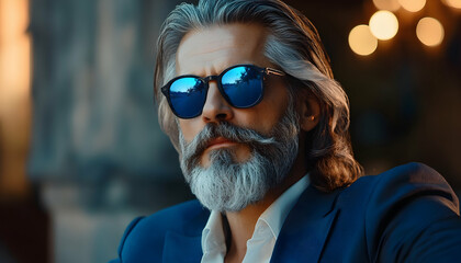 A distinguished gentleman with a gray beard and long hair wearing blue-tinted sunglasses exudes cool elegance in a softly lit setting  -
