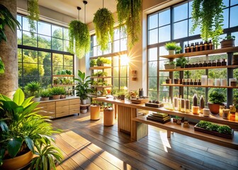 Fototapeta premium Luxurious Organic Cosmetics Store Interior with Abundant Greenery - High-Resolution Stock Photo