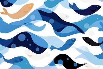 Naklejka premium A blue and white ocean scene with fish swimming in the water. The fish are of various sizes and colors, including blue, black, and orange. Concept of movement and life in the ocean