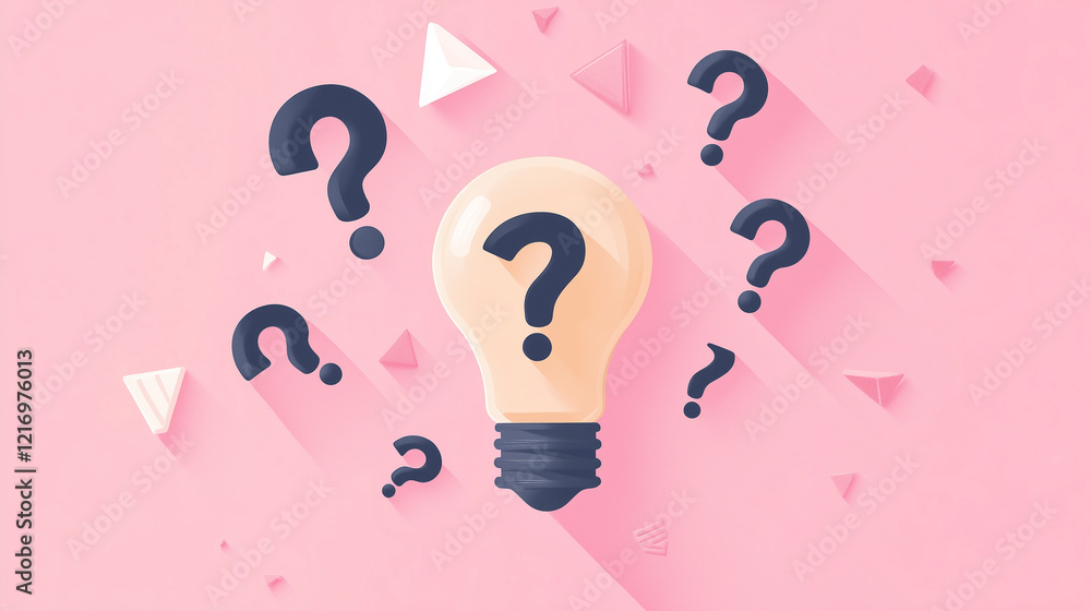 Poster light bulb with geometric question marks encircling it, highlighting innovation and problem-solving,