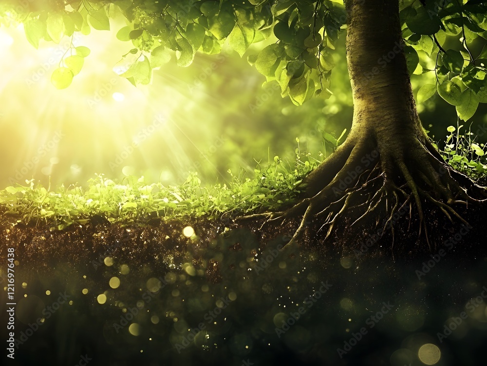 Aufkleber Sunlight Filtering Through Leaves of a Majestic Tree, Highlighting Roots and Lush Greenery, Creating a Serene and Tranquil Natural Scene in a Forest Setting