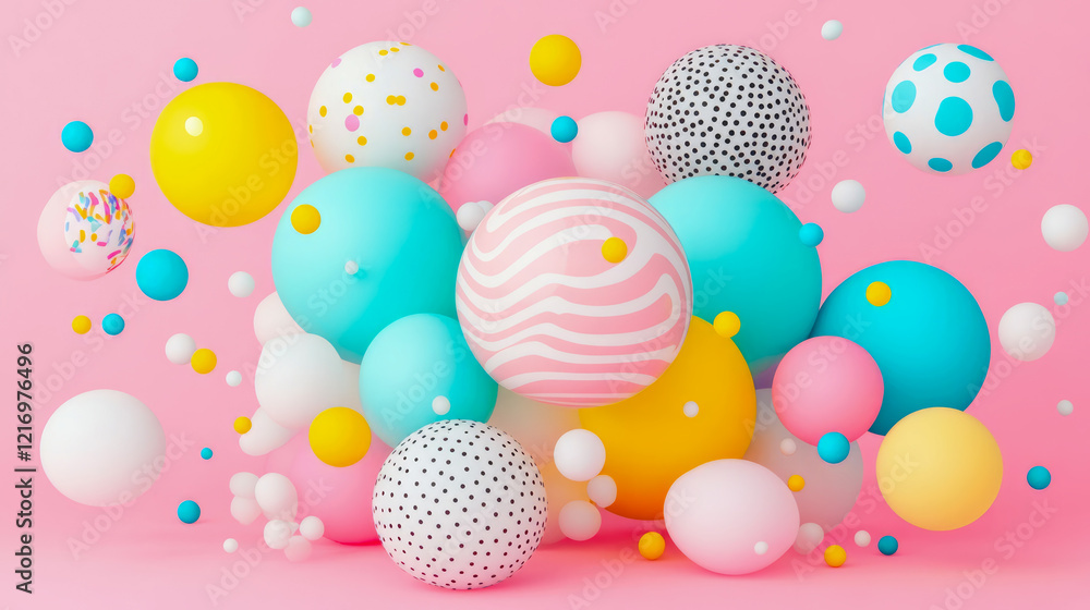 Poster abstract colorful sphere composition: a vibrant array of pastel spheres with diverse patterns, float