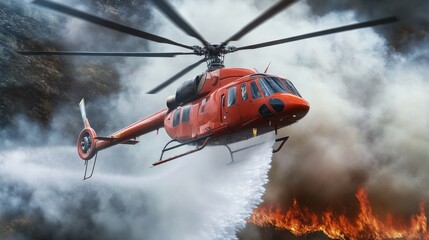A helicopter drops water onto a raging fire in a forest or field, highlighting firefighting efforts
