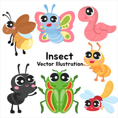 A cute vector illustration of cartoon insects featuring a butterfly, worm, ant, beetle, bee, and dragonfly with bright colors and cheerful expressions, perfect for playful designs