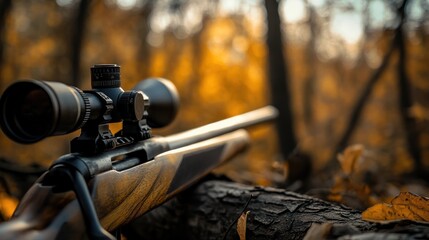 A close-up of a hunting rifle with a scope, set against a backdrop of autumn foliage.